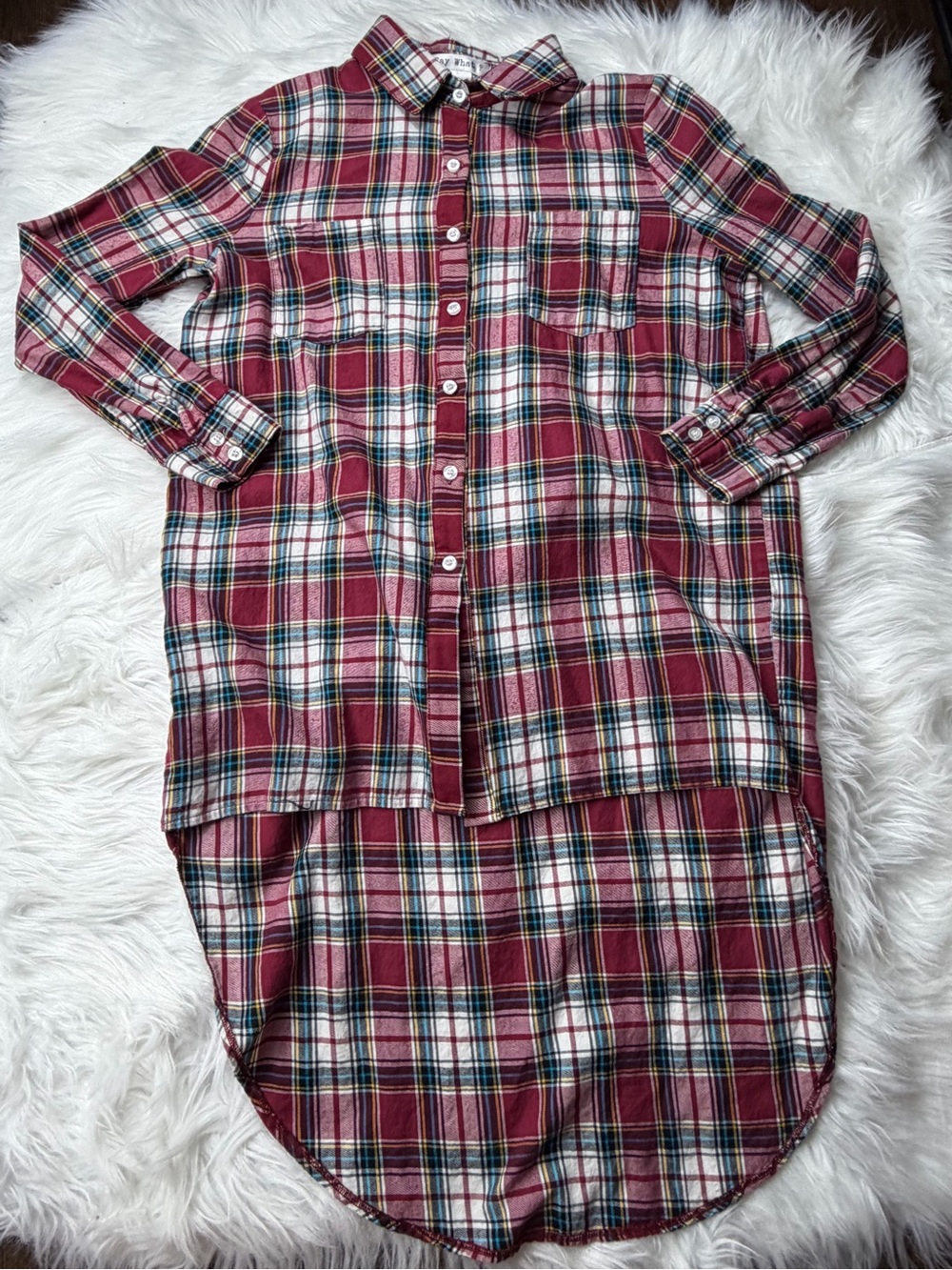 Burgundy Plaid High Low Button-Down Shirt